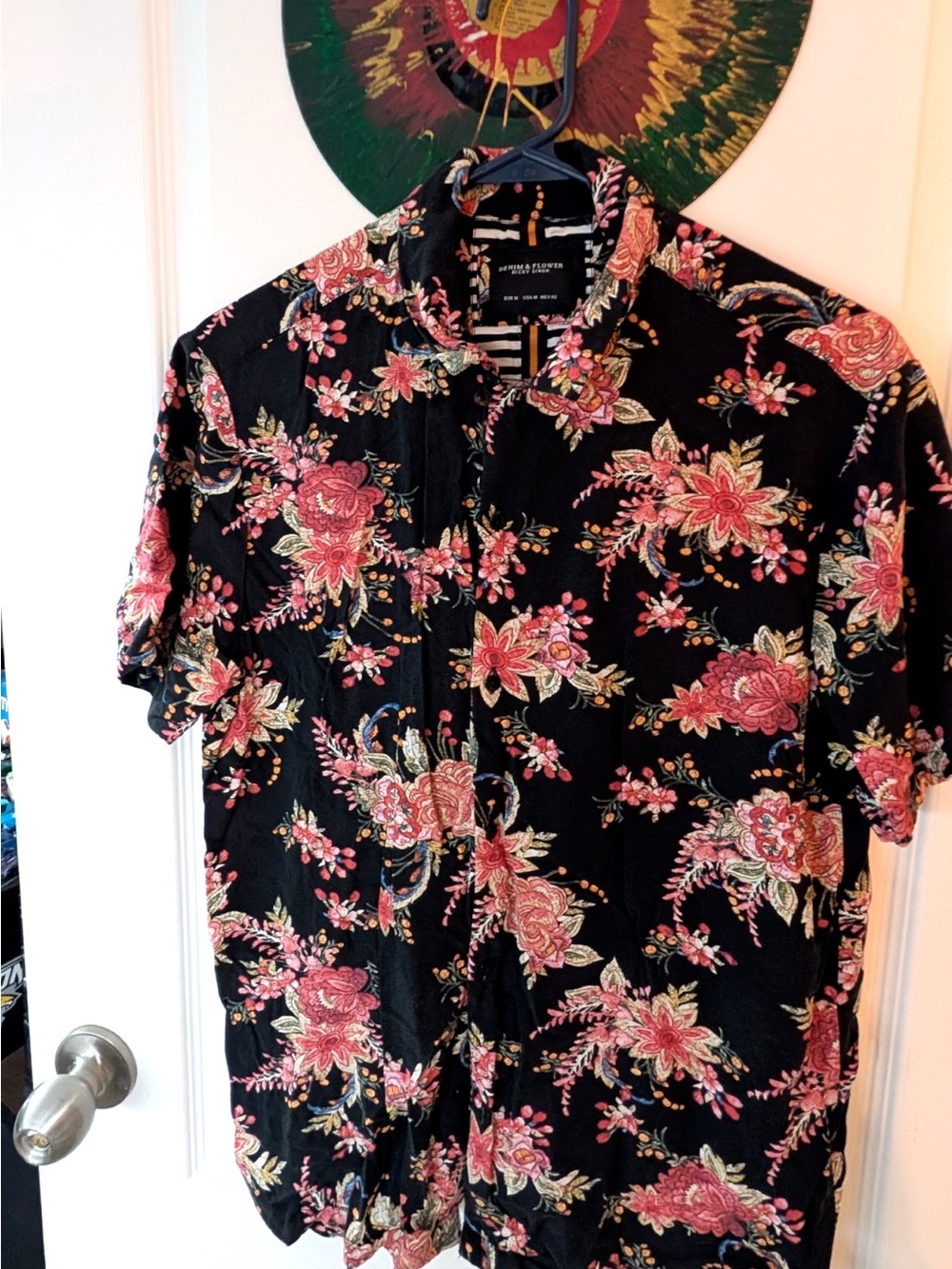 Men's Black Floral Short-Sleeve Shirt with Pink Accents